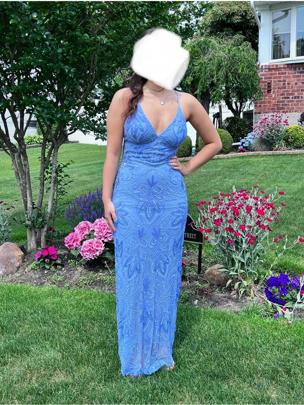Beaded Spaghetti-Strap Prom Gown in Periwinkle Blue